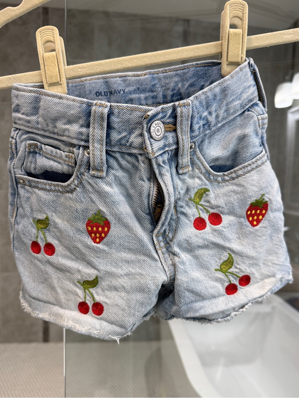 Old Navy Light Blue Denim Shorts with Red Cherry & Strawberry Embroidery